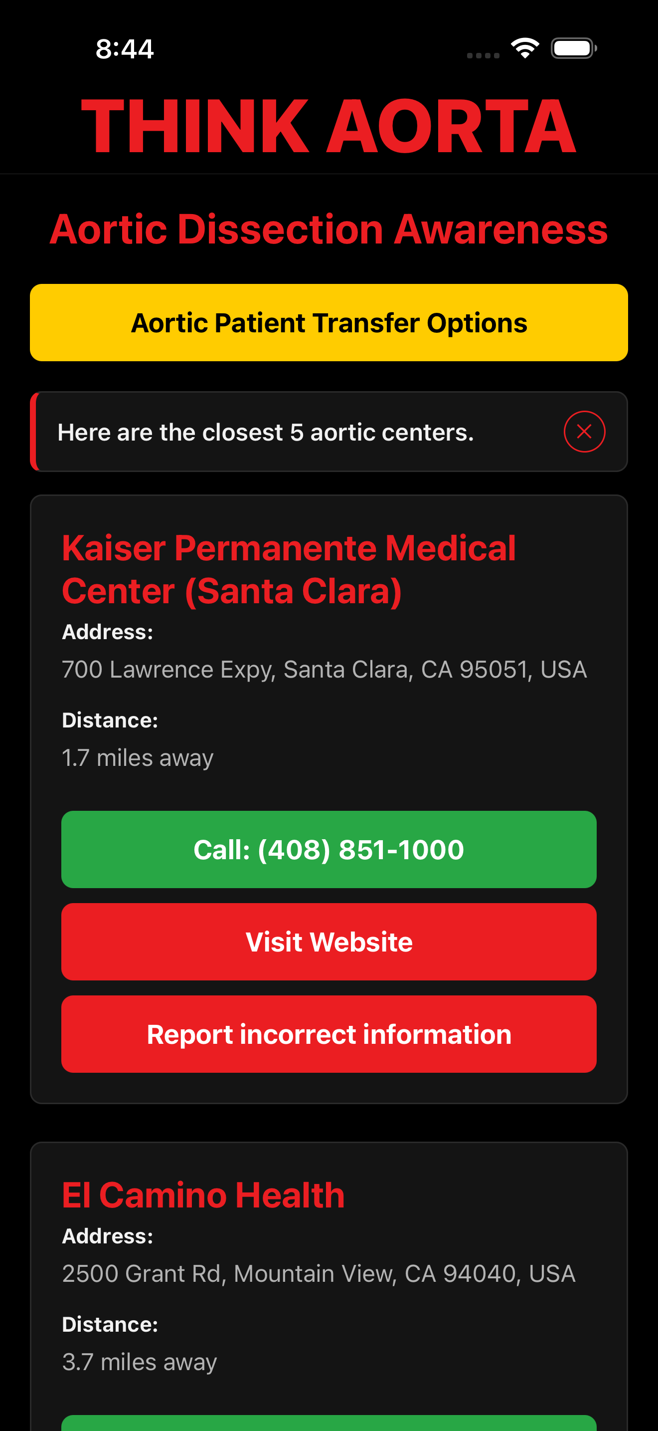 Aortic center search results